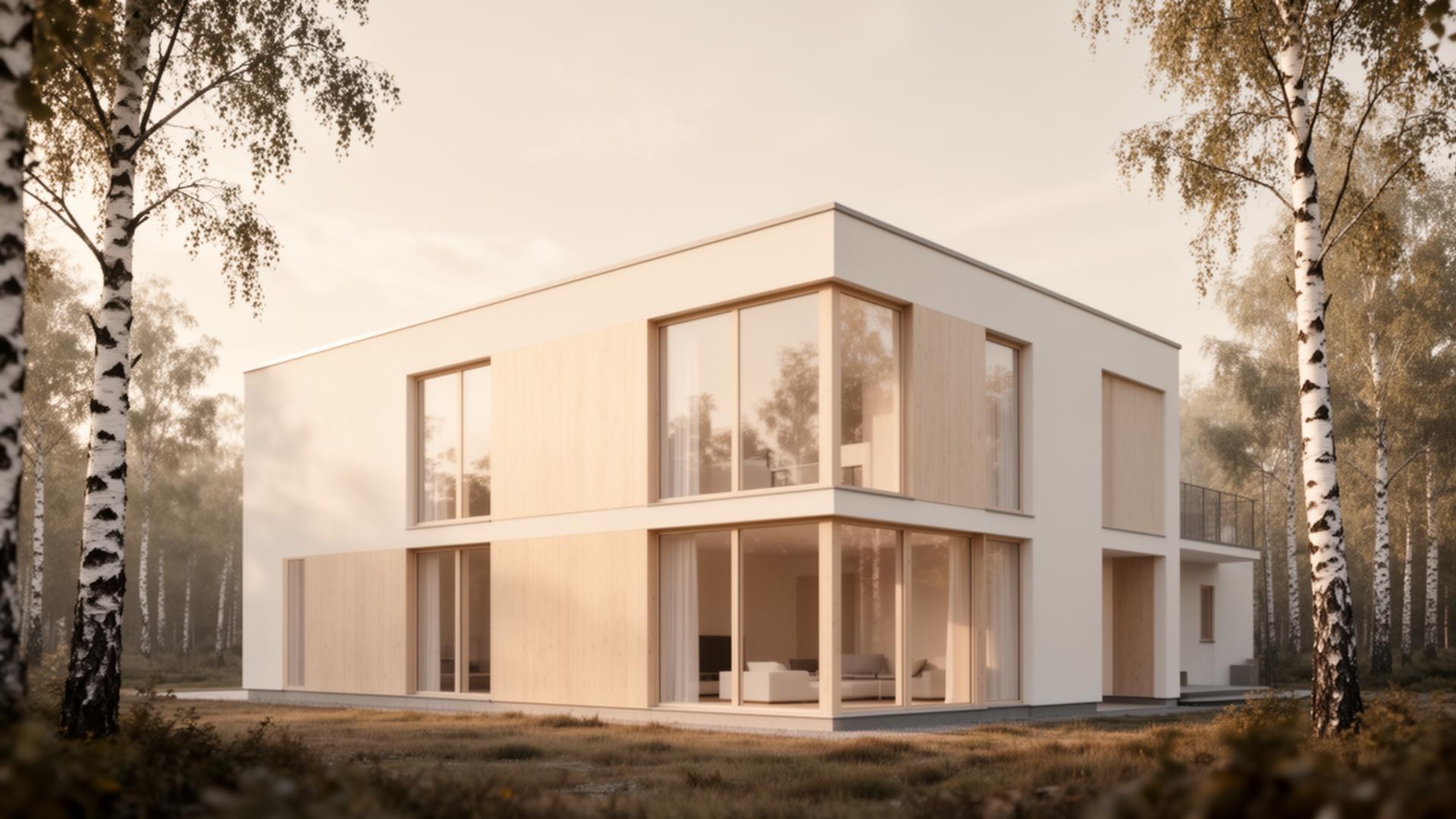 Modern skandinavisk arkitektur i mjukt nordiskt morgonljus